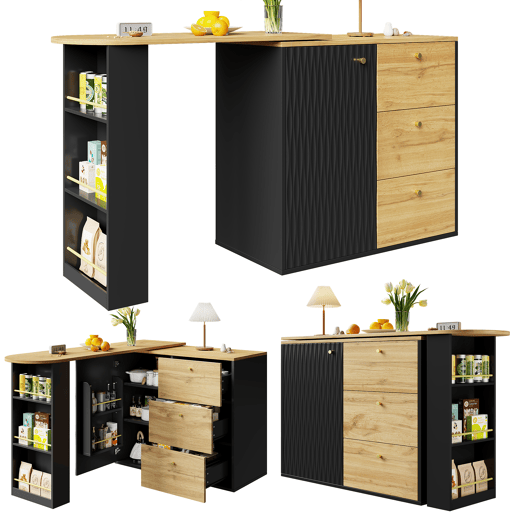 Mesa de bar extensível giratória de mdf,preto+natural