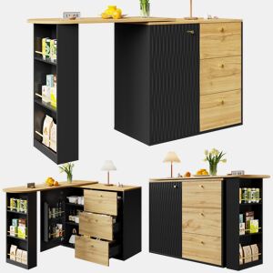 Mesa de bar extensível giratória de mdf,preto+natural