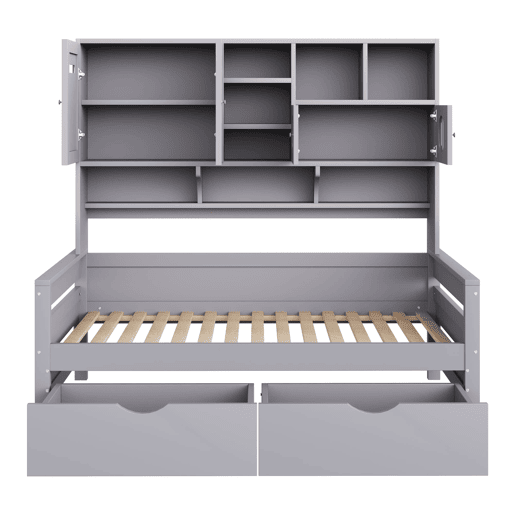 Sofá-cama de madeira 90x200 cm - Armazenamento multifuncional, gaveta grande, cama juvenil, estrado, cinzento Sofá-cama de madeira 90x200 cm - Armazenamento multifuncional, gaveta grande, cama juvenil, estrado, cinzento