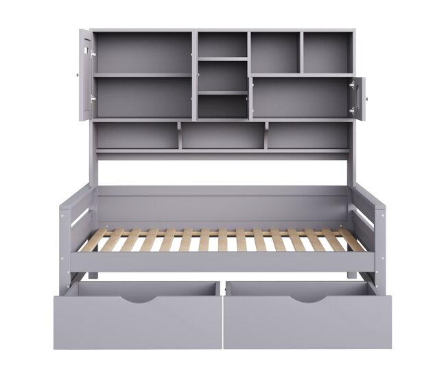 Sofá-cama madera 90x200 cm - almacenaje multifuncional, gran cajón, cama juvenil, somier, gris