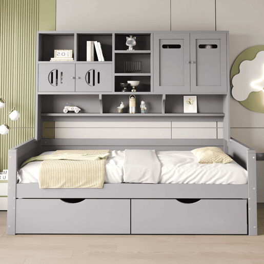 Sofá-cama de madeira 90x200 cm - Armazenamento multifuncional, gaveta grande, cama juvenil, estrado, cinzento Sofá-cama de madeira 90x200 cm - Armazenamento multifuncional, gaveta grande, cama juvenil, estrado, cinzento