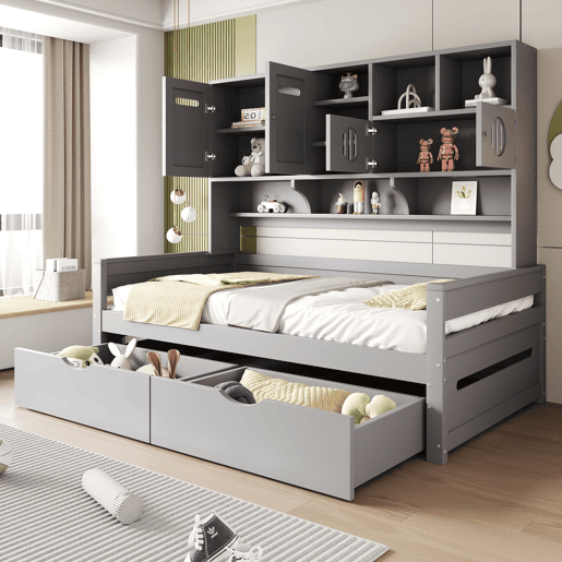 Sofá-cama de madeira 90x200 cm - Armazenamento multifuncional, gaveta grande, cama juvenil, estrado, cinzento Sofá-cama de madeira 90x200 cm - Armazenamento multifuncional, gaveta grande, cama juvenil, estrado, cinzento