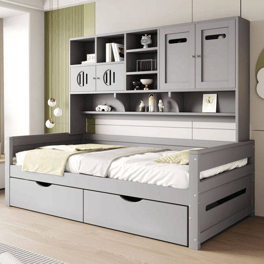 Sofá-cama de madeira 90x200 cm - Armazenamento multifuncional, gaveta grande, cama juvenil, estrado, cinzento Sofá-cama de madeira 90x200 cm - Armazenamento multifuncional, gaveta grande, cama juvenil, estrado, cinzento