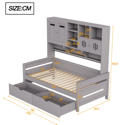 Sofá-cama de madeira 90x200 cm - Armazenamento multifuncional, gaveta grande, cama juvenil, estrado, cinzento Sofá-cama de madeira 90x200 cm - Armazenamento multifuncional, gaveta grande, cama juvenil, estrado, cinzento