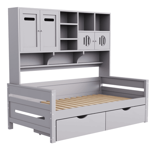 Sofá-cama de madeira 90x200 cm - Armazenamento multifuncional, gaveta grande, cama juvenil, estrado, cinzento Sofá-cama de madeira 90x200 cm - Armazenamento multifuncional, gaveta grande, cama juvenil, estrado, cinzento