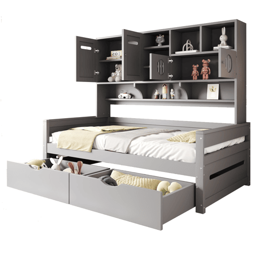 Sofá-cama de madeira 90x200 cm - Armazenamento multifuncional, gaveta grande, cama juvenil, estrado, cinzento Sofá-cama de madeira 90x200 cm - Armazenamento multifuncional, gaveta grande, cama juvenil, estrado, cinzento