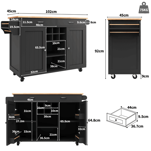 Carrinho de cozinha de mdf com 2 portas e 2 gavetas,preto