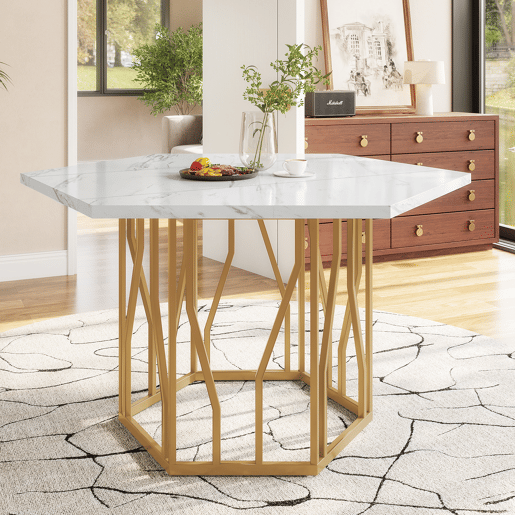 Mesa de jantar fixa hexagonal 115,5 cm de mdf,branco+dourado