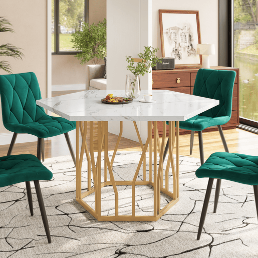 Mesa de jantar fixa hexagonal 115,5 cm de mdf,branco+dourado