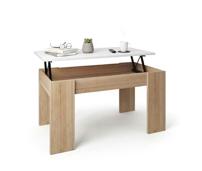 Mesa de centro elevable con almacenaje en roble canadian y blanco artik 90x43-53 cm Norak