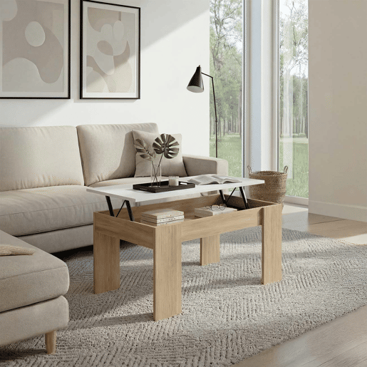 Mesa de centro elevável Norak Roble Canadian - Blanco Artik (Blanco Mate) 90 x 43,5 x 50 cm