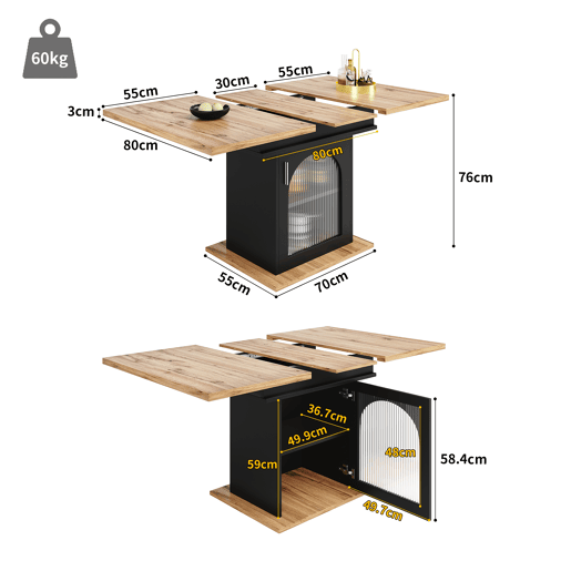 Mesa de jantar extensível retangular 110-140máx cm de mdf,natural+preto