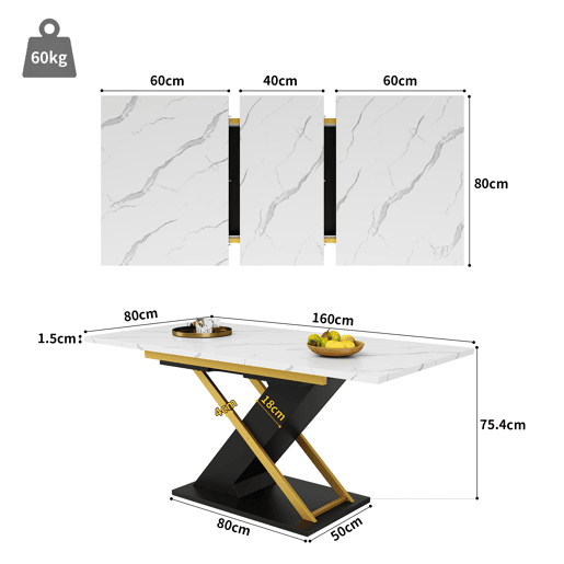 Mesa de jantar extensível retangular 120-160máx cm de mdf,branco+preto Mesa de jantar extensível retangular 120-160máx cm de mdf,branco+preto