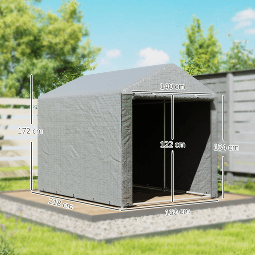 Outsunny Abrigo para Ferramentas Bicicletas e Motos 1,6x2,2x1,7 cm Garagem Portátil com 2 Habitações Porta com Fecho de Correr Impermeável Anti-UV para Jardim Cinza Claro
