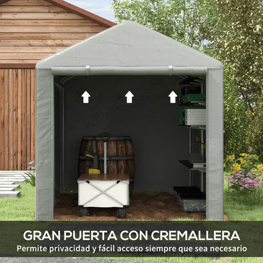 Outsunny Abrigo para Ferramentas Bicicletas e Motos 1,6x2,2x1,7 cm Garagem Portátil com 2 Habitações Porta com Fecho de Correr Impermeável Anti-UV para Jardim Cinza Claro