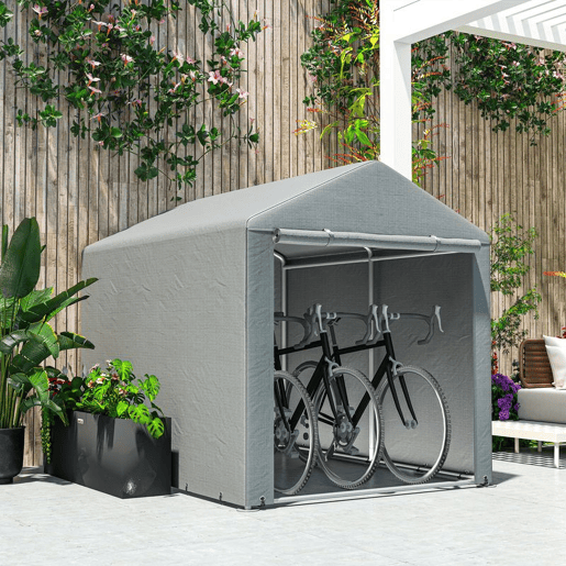 Outsunny Abrigo para Ferramentas Bicicletas e Motos 1,6x2,2x1,7 cm Garagem Portátil com 2 Habitações Porta com Fecho de Correr Impermeável Anti-UV para Jardim Cinza Claro