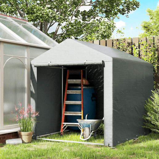 Outsunny Abrigo para Ferramentas Bicicletas e Motos 1,6x2,2x1,7 cm Garagem Portátil com 2 Habitações Porta com Fecho de Correr Impermeável Anti-UV para Jardim Cinza Claro