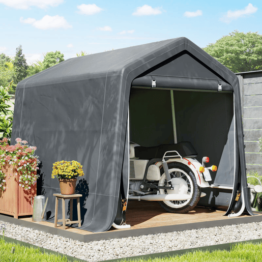 Outsunny Tenda de Jardim Exterior para Ferramentas e Bicicletas, 2,4x2x2 m, Abrigo Exterior com Estrutura Metálica, 2 Portas Enroláveis com Fecho, Impermeável, Anti-UV, Garagem Portátil, Cinzento