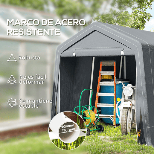 Outsunny Tenda de Jardim Exterior para Ferramentas e Bicicletas, 2,4x2x2 m, Abrigo Exterior com Estrutura Metálica, 2 Portas Enroláveis com Fecho, Impermeável, Anti-UV, Garagem Portátil, Cinzento