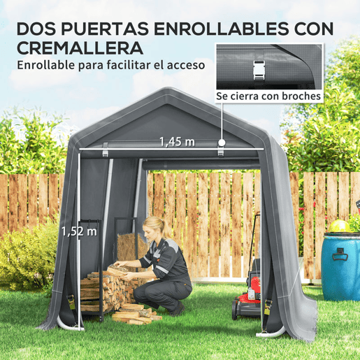 Outsunny Tenda de Jardim Exterior para Ferramentas e Bicicletas, 2,4x2x2 m, Abrigo Exterior com Estrutura Metálica, 2 Portas Enroláveis com Fecho, Impermeável, Anti-UV, Garagem Portátil, Cinzento