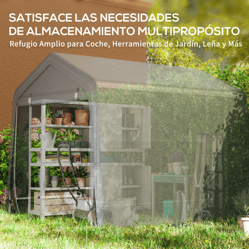 Outsunny Tenda de Jardim Exterior para Ferramentas e Bicicletas, 2,4x2x2 m, Abrigo Exterior com Estrutura Metálica, 2 Portas Enroláveis com Fecho, Impermeável, Anti-UV, Garagem Portátil, Cinzento