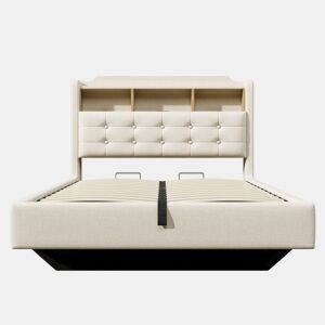 Cama estofada 140x200 cm - Com luz LED, armazenamento hidráulico, design flutuante, bege