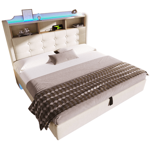 Cama estofada 140x200 cm - Com luz LED, armazenamento hidráulico, design flutuante, bege