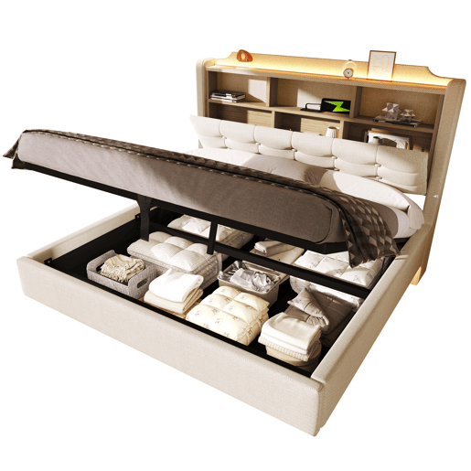 Cama estofada 140x200 cm - Com luz LED, armazenamento hidráulico, design flutuante, bege