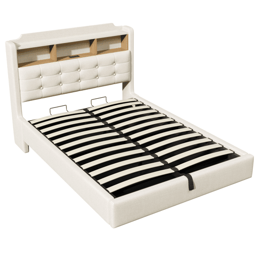 Cama estofada 140x200 cm - Com luz LED, armazenamento hidráulico, design flutuante, bege