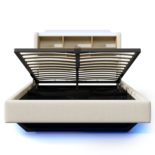 Cama estofada 140x200 cm - Com luz LED, armazenamento hidráulico, design flutuante, bege