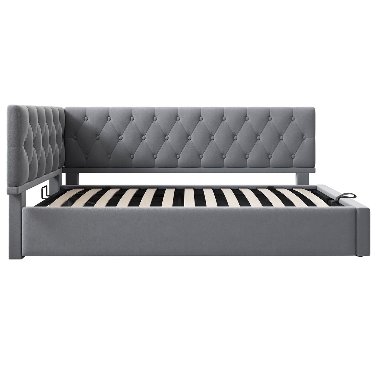 Cama día tapizada 90x190 - almacenamiento hidráulico, somier de madera, terciopelo - gris