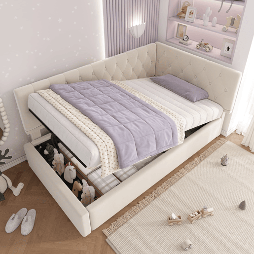 Cama de dia estofada 90x190 - Armazenamento hidráulico, estrado de madeira, veludo - Bege