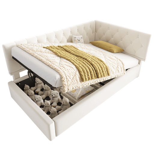 Cama de dia estofada 90x190 - Armazenamento hidráulico, estrado de madeira, veludo - Bege