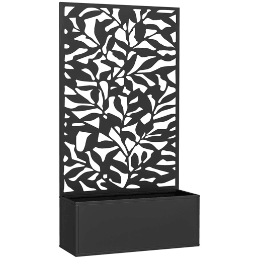 Outsunny Floreira Exterior Grande de Metal com Painel de Privacidade de Folhas Sólidas Decorativas Floreira de Parede ou Independente para Jardim Terraço 61x23x113 cm Preto