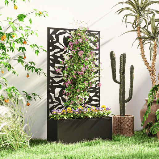 Outsunny Floreira Exterior Grande de Metal com Painel de Privacidade de Folhas Sólidas Decorativas Floreira de Parede ou Independente para Jardim Terraço 61x23x113 cm Preto