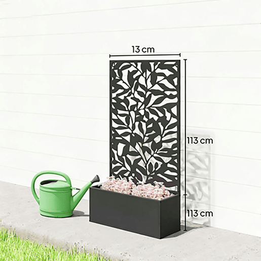 Outsunny Floreira Exterior Grande de Metal com Painel de Privacidade de Folhas Sólidas Decorativas Floreira de Parede ou Independente para Jardim Terraço 61x23x113 cm Preto