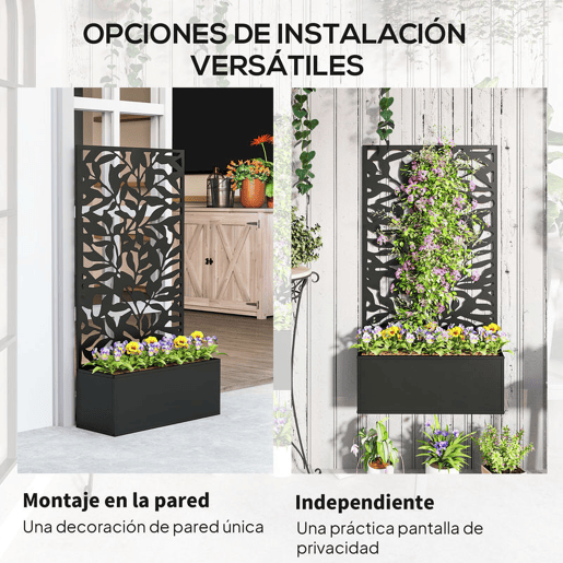 Outsunny Floreira Exterior Grande de Metal com Painel de Privacidade de Folhas Sólidas Decorativas Floreira de Parede ou Independente para Jardim Terraço 61x23x113 cm Preto