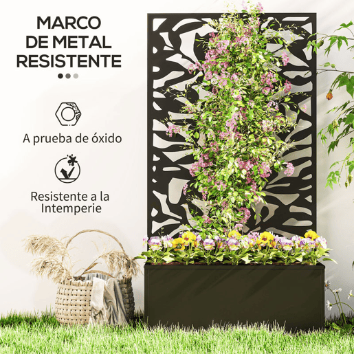 Outsunny Floreira Exterior Grande de Metal com Painel de Privacidade de Folhas Sólidas Decorativas Floreira de Parede ou Independente para Jardim Terraço 61x23x113 cm Preto