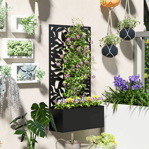 Outsunny Floreira Exterior Grande de Metal com Painel de Privacidade de Folhas Sólidas Decorativas Floreira de Parede ou Independente para Jardim Terraço 61x23x113 cm Preto