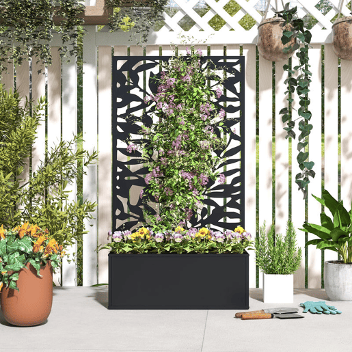 Outsunny Floreira Exterior Grande de Metal com Painel de Privacidade de Folhas Sólidas Decorativas Floreira de Parede ou Independente para Jardim Terraço 61x23x113 cm Preto