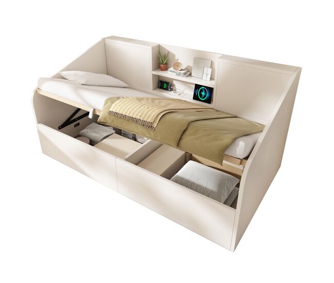 Sofá cama individual de madera maciza 90x200 cm con almacenaje,blanco