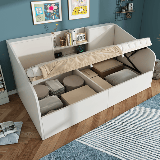 Sofá cama individual de madeira maciça 90x200 cm com armazenamento,branco