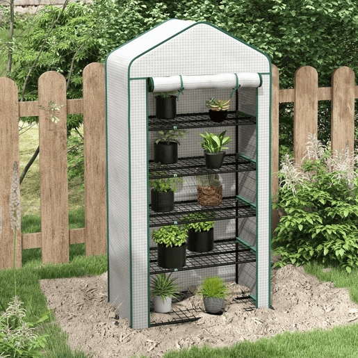 Outsunny Estufa de Jardim de 5 Prateleiras Estufa Resistente com 1 Porta com Fecho de Correr Anti-UV Desenho Alargado e Prateleiras para Cultivo de Plantas em Terraço Pátio 90x49x193 cm Branco