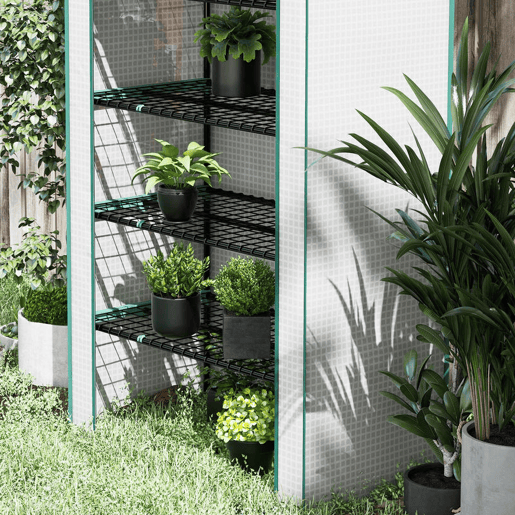 Outsunny Estufa de Jardim de 5 Prateleiras Estufa Resistente com 1 Porta com Fecho de Correr Anti-UV Desenho Alargado e Prateleiras para Cultivo de Plantas em Terraço Pátio 90x49x193 cm Branco