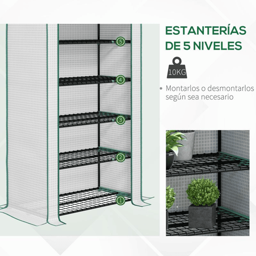Outsunny Estufa de Jardim de 5 Prateleiras Estufa Resistente com 1 Porta com Fecho de Correr Anti-UV Desenho Alargado e Prateleiras para Cultivo de Plantas em Terraço Pátio 90x49x193 cm Branco