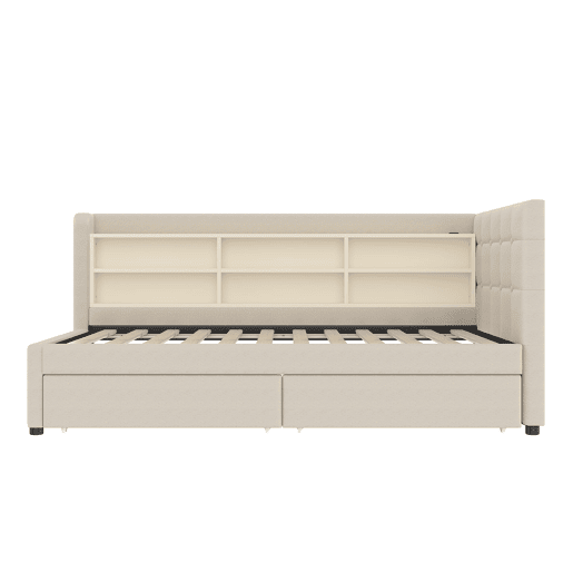 Sofá-cama 90x200 cm - com 2 gavetas, USB + Tipo C, compartimentos, com estrado - Bege