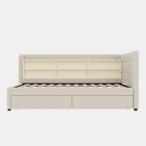Sofá-cama 90x200 cm - com 2 gavetas, USB + Tipo C, compartimentos, com estrado - Bege