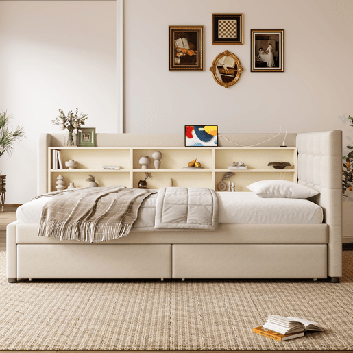 Sofá-cama 90x200 cm - com 2 gavetas, USB + Tipo C, compartimentos, com estrado - Bege