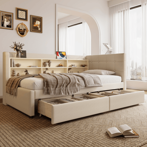 Sofá-cama 90x200 cm - com 2 gavetas, USB + Tipo C, compartimentos, com estrado - Bege