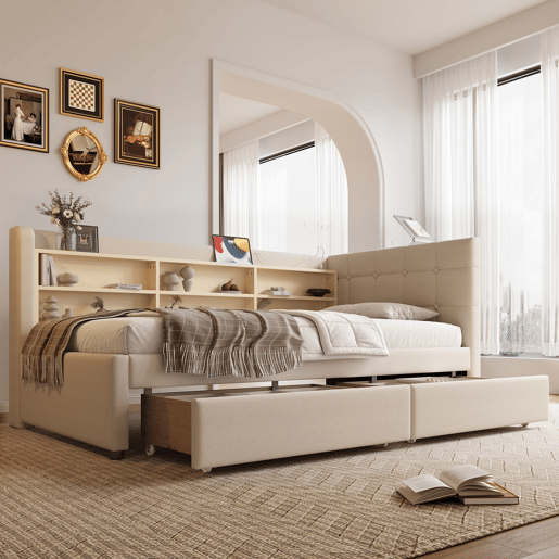 Sofá-cama 90x200 cm - com 2 gavetas, USB + Tipo C, compartimentos, com estrado - Bege